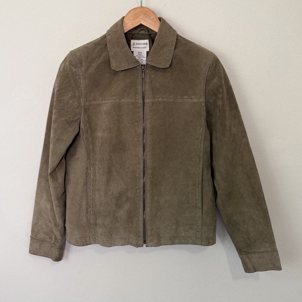Y2K St Johns Bay Olive Green Suede Leather Jacket Womens S Western Boho Full Zip